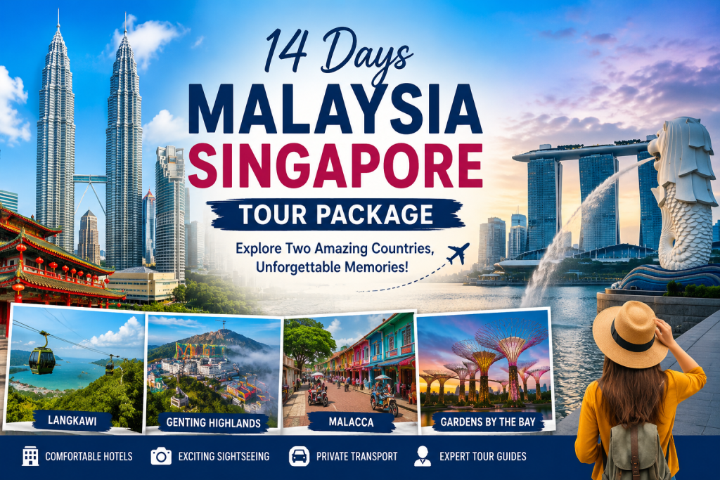 14 Days Malaysia Singapore Tour Package covering Kuala Lumpur, Langkawi, Genting Highlands, and Singapore city attractions