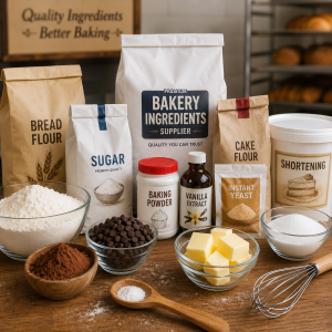 Fresh bakery ingredients and baking supplies arranged for a trusted bakery ingredients supplier.