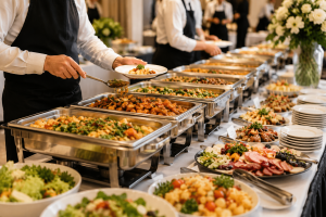 Professional catering business serving buffet meals at a corporate event with high-quality food and catering services.