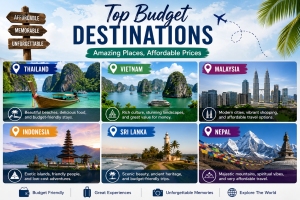 Top budget destinations in 2026 featuring Thailand, Vietnam, Malaysia, Indonesia, Sri Lanka, and Nepal for affordable travel