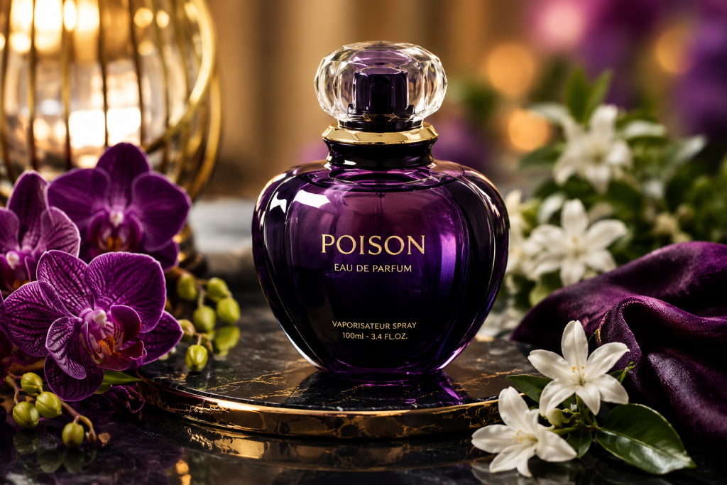 Best Poison Perfume luxury fragrance bottle with elegant floral background and natural lighting