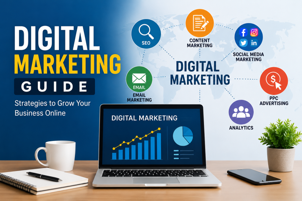 Digital Marketing Guide infographic showing SEO, content marketing, social media, email marketing, PPC advertising, and analytics strategies for online business growth.