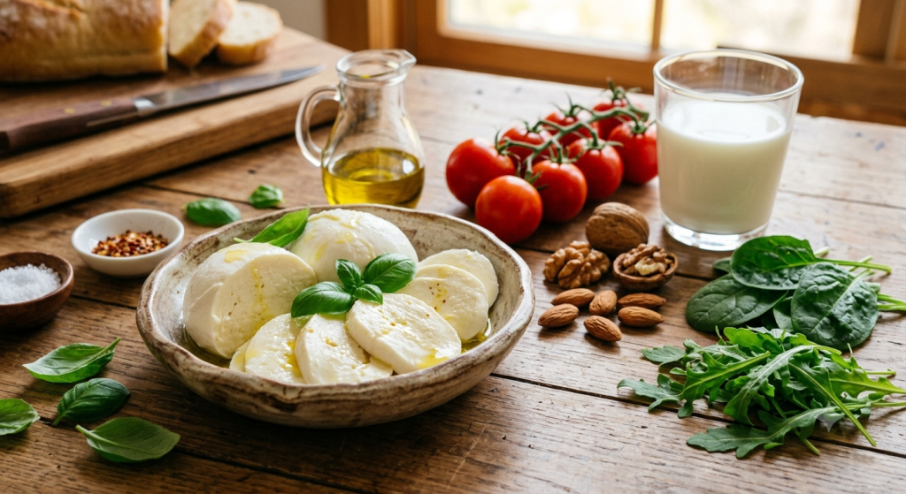 Sliced mozzarella cheese with tomatoes, basil, and milk.