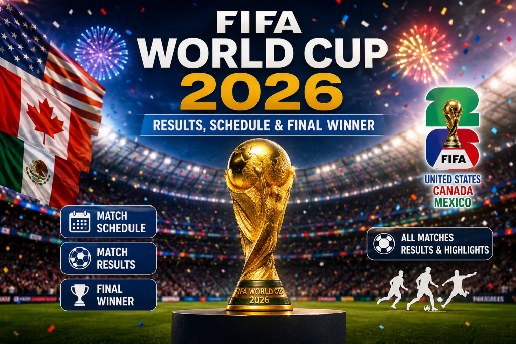 FIFA World Cup 2026 Results, Schedule & Final Winner featuring the championship trophy in a football stadium with tournament highlights