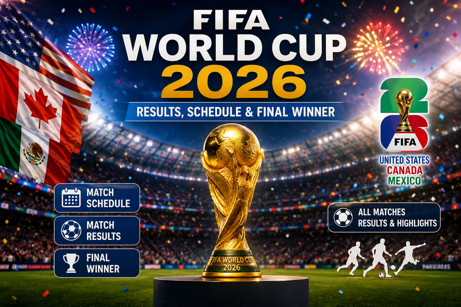 FIFA World Cup 2026 Results, Schedule & Final Winner featuring the championship trophy in a football stadium with tournament highlights
